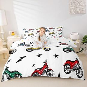 Erosebridal Cool Motorcycle Toddler Duvet Cover for Boys Men,Red and Blue Dirt Bike Comforter Cover,Motorbike Game Bedding Set Extreme Racing Motor Bed Set