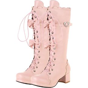 Meefit Women Lolita Lace Up Knee High Boot Platform Chunky Mid Heel Long Boots Kawaii Shoes,Bow Knee High Boots