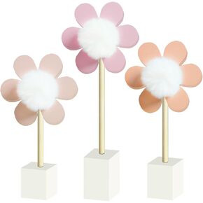 3 Pack Daisy Nursery Shelf Decor, Wooden Flower with Pompom Pistil Boho Baby Girl Nursery Room Decoration Bohemian Cute Little Girl Wall Art for Bedroom Kindergarten Classroom Playroom Bookshelf Gift