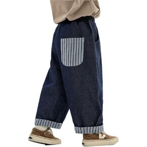 Kids Striped Patchwork Pockets Jeans Kids Boy Flanging Denim Pants