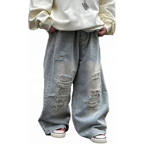 Boys' Baggy Jeans Straight Leg Jeans with Pockets Elastic Waist Distressed Ripped Denim Pants with Baby Boy Pants