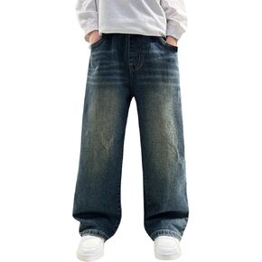 Kids Straight Wide Leg Denim Jeans for Boys Girls Distressed Washed Baggy Pants Loose Elastic High Waist