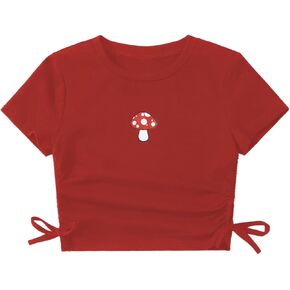 SHENHE Girl's Mushroom Print Short Sleev Crop Tops Ruched Drawstring Tee T Shirts in Kuwait