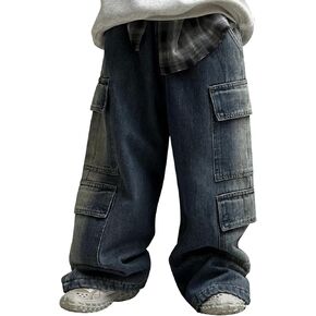 Boys Vintage Cargo Jeans Toddler High Waisted Straight Wide Leg Baggy Jean with Pockets Boy Casual Loose Hip Hop Pants