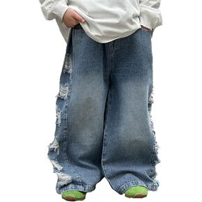 Boy's Hole Straight Leg Jeans, Loose Denim Pants with Pockets, Vintage Wide Leg Loose Jeans, Baby Boy Shirts 18