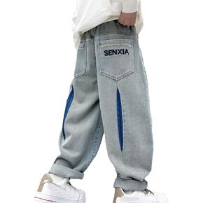 Boys' Baggy Jeans Straight Leg Jeans with Pockets Elastic Waist Distressed Ripped Denim Pants Pants for Children