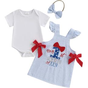 BeQeuewll Baby Girl 4th of July Outfit Infant Dresses Romper Letter Embroidery Overall Skirt Set 3Pcs Girl Patriotic Clothes