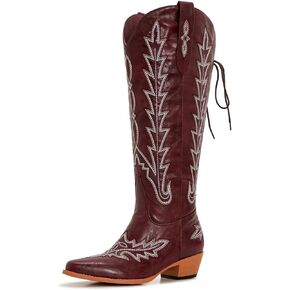 Wide Calf Cowboy Boots Women Knee High Tall Western Cowgirl Boots Adjustable Lace Up Plus Size Comfortable 2-Inch Heel