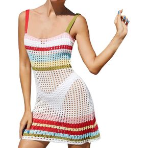 ZYXTIM Women Crochet Knit Swimsuit Cover Up Sleeveless Hollow Out Colorful Bathing Suit Sweater Dress 2024 Summer Beach Wear