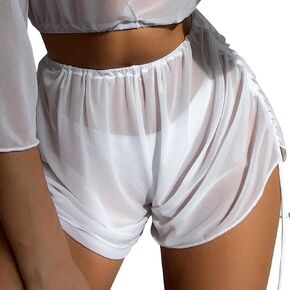 Women Beach Cover Up Shorts Sheer Mesh Bikini Bottoms Drawstring Side Swimsuit Cover Ups High Waist Summer Board Shorts
