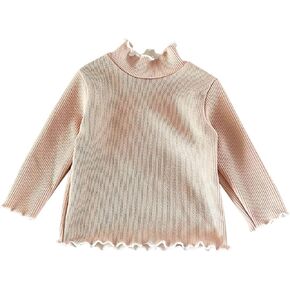 Baby Girl 2024 New Undershirts Infant Girl Winter Solid Colour Striped Ruffle Neckline Wooden Ear Hem Inner Pullover Top