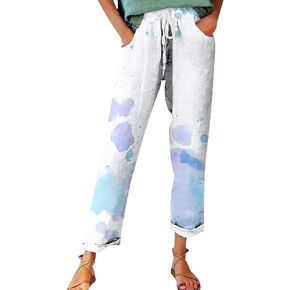 Flowy Linen Pants Summer Wide Leg Pants Drawstring Elastic Waist Pants High Waisted Pants Casual Beach Trousers Boho