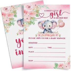 Baby Shower Invitation for Girl, Girl Pink Elephant Baby Shower Invitations Floral Baby Shower Party Invites Card, 20 Invites with Envelopes (4"x6")