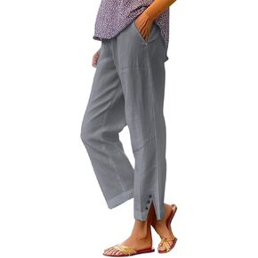 White Linen Pants Women Elastic Pants Long Drawstring Linen Women Waist Cotton Casual Slit Trouser Legs Pants