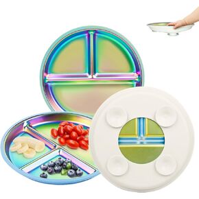 Stainless-Steel Baby Plates with Suction: Divided Toddler Plates Non-Toxic with Silicone Sleeve - Self Feeding for 1-3 Years Kids (Rainbow, 3 Pcs)