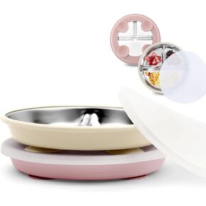 Stainless Steel Toddler Suction Plate with Lid, Deeper 9" Divided Plates with Removable Silicone Sleeves for Kids, Non Toxic & BPA Free | Unbreakable Baby Snack Dishes Set of 2, Blue & Gray