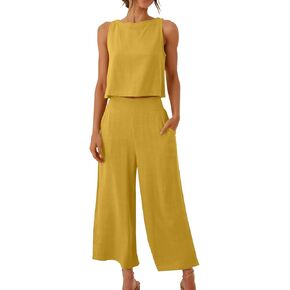 maisdgop Womens 2 Piece Outfits Comfy Summer Sleeveless Crop Button Back Top and Wide Leg Capri Pants Linen Set with Pockets