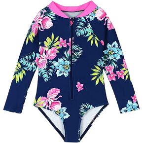 KAGAYD Baby Girls Swimsuit Beach Floral Rash Guard Shirts Toddler Kids Swimwear Full Zipper Infant 1-Pieces
