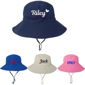 Custom Baby Sun Hat, Personalized Embroidered Name Toddler Bucket Hat, Wide Brim Beach Hat Summer Hat for Boys Girls White