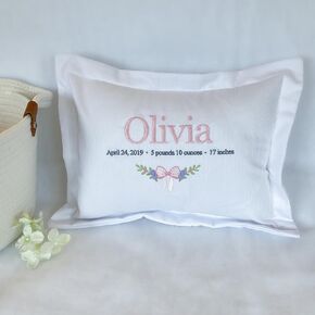 Nursery Decorative Pillow, Hand Embroidered Baby Name Pillow for Girl, Monogrammed Baby Gift, New Parents Gift, Baby Cotton Pillow, Floral Personalized Cotton Pillow for Baby Girls