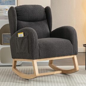 Nursery Glider Chair - Wingback Teddy Upholstered Rocking Chair with High Backrest, Ergonomic Rocker Chair for Breastfeeding & Baby Room, Modern Accent Armchair for Living Room & Bedroom, Black