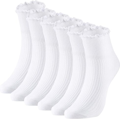 SATINIOR Women Ankle Socks Knit Lace Ruffle Socks Solid Color Casual Socks, 6 Pair (Black, Beige, White) in Saudi Arabia
