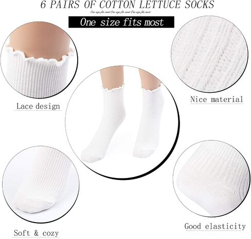 SATINIOR Women Ankle Socks Knit Lace Ruffle Socks Solid Color Casual Socks, 6 Pair (Black, Beige, White) in Saudi Arabia