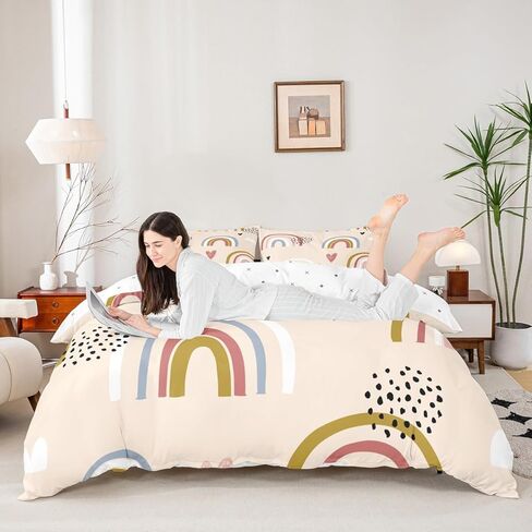 Castle Fairy Cute Rainbow Kids Duvet Cover Set Toddler Size,Hearts and Clouds Bedding Set,Boys Girls Room Decor,Baby Yellow Quilt Cover,No Comforter in Saudi Arabia