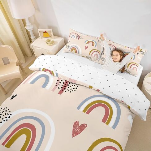 Castle Fairy Cute Rainbow Kids Duvet Cover Set Toddler Size,Hearts and Clouds Bedding Set,Boys Girls Room Decor,Baby Yellow Quilt Cover,No Comforter in Saudi Arabia