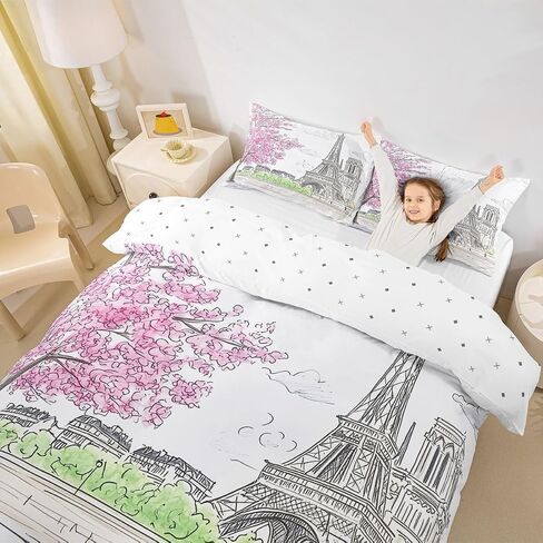 Jejeloiu Paris تحت عنوان Davet Cover Kids Boys Girls ، Toddler ، أوروبية المدينة المناظر الطبيعية الفراش الوردي ، غلاف المعزي تحت عنوان باريس ، غطاء سرير برج إيفل ، باريسي فرنسي ، لا المعزي. in Kuwait