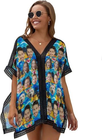 Personalized Face Hawaiian Bikini Swimwear Cover Up Funny Tropical Flower and Palm Leaf Printed Beach Coverups Xmas in Saudi Arabia
