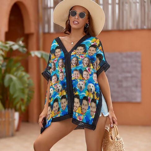 Personalized Face Hawaiian Bikini Swimwear Cover Up Funny Tropical Flower and Palm Leaf Printed Beach Coverups Xmas in Saudi Arabia