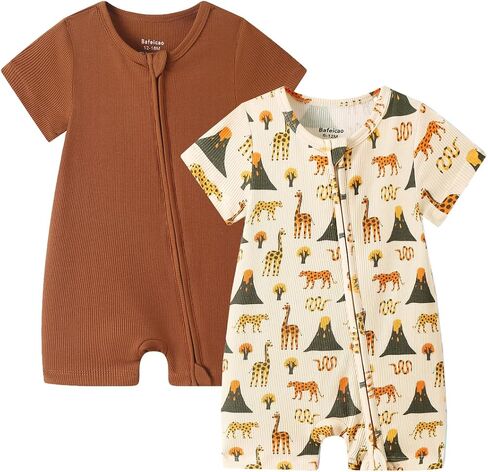 Bafeicao Baby Girl 2 Pack Bamboo Viscose Sleeper Romper | Short Sleeve, 2 Way Zipper, Soft, Ribbed, Breathable, Lightweight, Summer Pajamas Clothes in Saudi Arabia