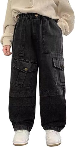 Toddler Boys Vintage Jeans 2025 Summer Streetwear Baggy Wide Leg Long Denim Pants Elastic Waist Multi Pocket Bottoms in Kuwait