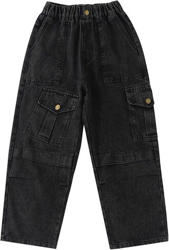 Toddler Boys Vintage Jeans 2025 Summer Streetwear Baggy Wide Leg Long Denim Pants Elastic Waist Multi Pocket Bottoms in Kuwait