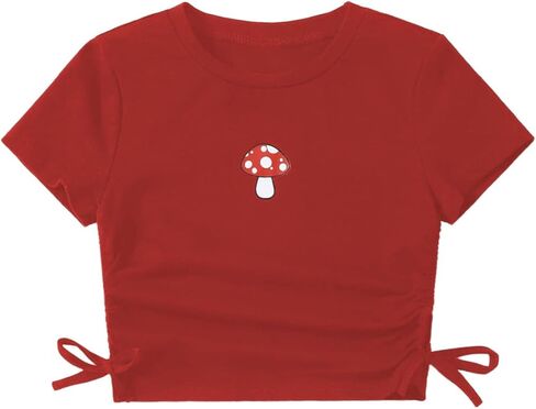 SHENHE Girl's Mushroom Print Short Sleev Crop Tops Ruched Drawstring Tee T Shirts in Kuwait
