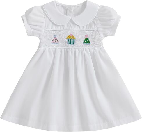 Toddler Baby Girl Birthday Outfit Cake Embroidery Smocked Dress Short Sleeve Princess Party Dresses Summer Clothes in Saudi Arabia