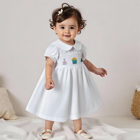 Toddler Baby Girl Birthday Outfit Cake Embroidery Smocked Dress Short Sleeve Princess Party Dresses Summer Clothes in Saudi Arabia