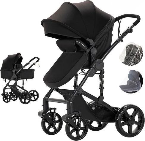 2 in 1 Baby Bassinet Stroller, Convertible Foldable Standard Stroller, Reversible Pushchair Infant Buggy Carriage, Portable High Landscape Pram for Toddler Newborn, Aluminum Alloy (2US588-BG) in Saudi Arabia