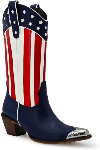 RKQ Women's Sparkle Metallic Mid Calf Cowboy Boots Glitter Wide-calf Embroidered Cowgirl Boots Western Booties Pointed Toe Chunky Block Heel Pull On Tabs classic sexy party Boots in Kuwait