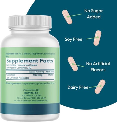 BESTVITE Chromium Picolinate 500mcg (240 كبسولة نباتية) - بدون ستيرات - بدون فوسفات ثنائي الكالسيوم - نباتي - خالي من الغلوتين - غير معدّل وراثيًا in Saudi Arabia