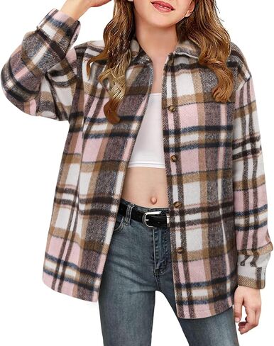 Girls Button Down Shirt Shacket Jacket Girls Long Sleeve Plaid Flannel Shirts for Girls Western Shirts with Pocket Toddler Shirt Rose red Size 9-10 Years in Kuwait