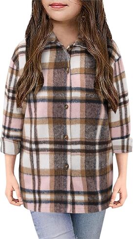 Girls Button Down Shirt Shacket Jacket Girls Long Sleeve Plaid Flannel Shirts for Girls Western Shirts with Pocket Toddler Shirt Rose red Size 9-10 Years in Kuwait