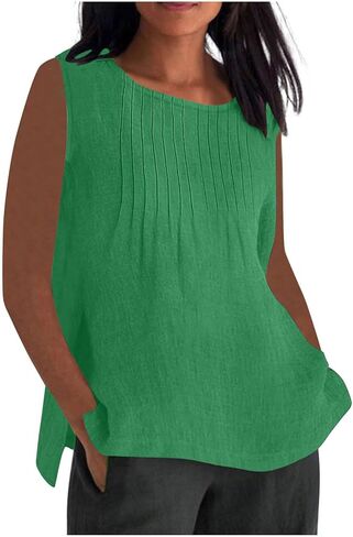 Cotton Linen Tank Top for Women Summer Vacation Lounge Tops Loose Fit Pleated Sleeveless Scoop Neck Shirt Beach Tee in Saudi Arabia