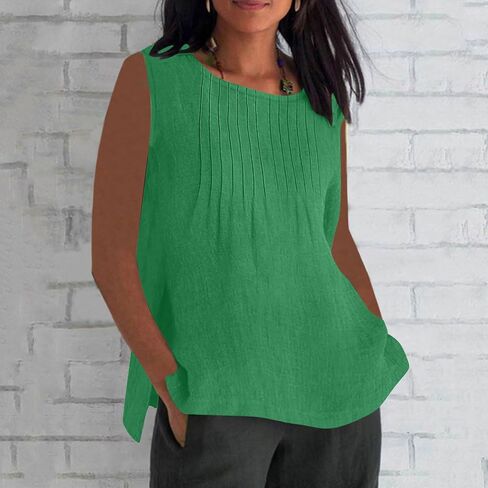 Cotton Linen Tank Top for Women Summer Vacation Lounge Tops Loose Fit Pleated Sleeveless Scoop Neck Shirt Beach Tee in Saudi Arabia