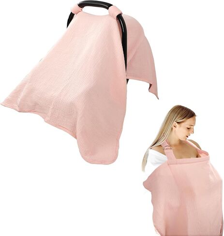 Hooyax 2-in-1 Baby Car Seat Cover & Nursing Cover, 100% Muslin Cotton, Breathable Car Seat Canopy and Privacy Breastfeeding Cover, Pink in Saudi Arabia