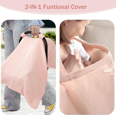Hooyax 2-in-1 Baby Car Seat Cover & Nursing Cover, 100% Muslin Cotton, Breathable Car Seat Canopy and Privacy Breastfeeding Cover, Pink in Saudi Arabia