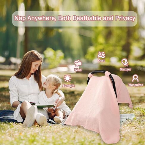 Hooyax 2-in-1 Baby Car Seat Cover & Nursing Cover, 100% Muslin Cotton, Breathable Car Seat Canopy and Privacy Breastfeeding Cover, Pink in Saudi Arabia