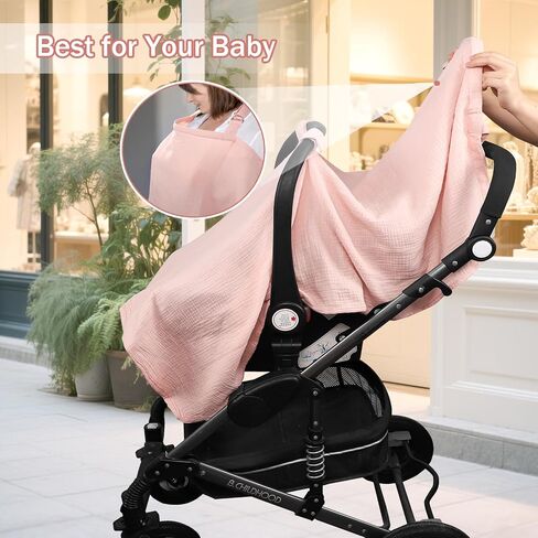 Hooyax 2-in-1 Baby Car Seat Cover & Nursing Cover, 100% Muslin Cotton, Breathable Car Seat Canopy and Privacy Breastfeeding Cover, Pink in Saudi Arabia