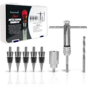 Bottle Turning Kit with 5 Classic Chrome Stoppers 19/64 inch Drill Bit 1 inch 8 tpi Chuck and Ratcheting Handle with 3/8 inch Tap